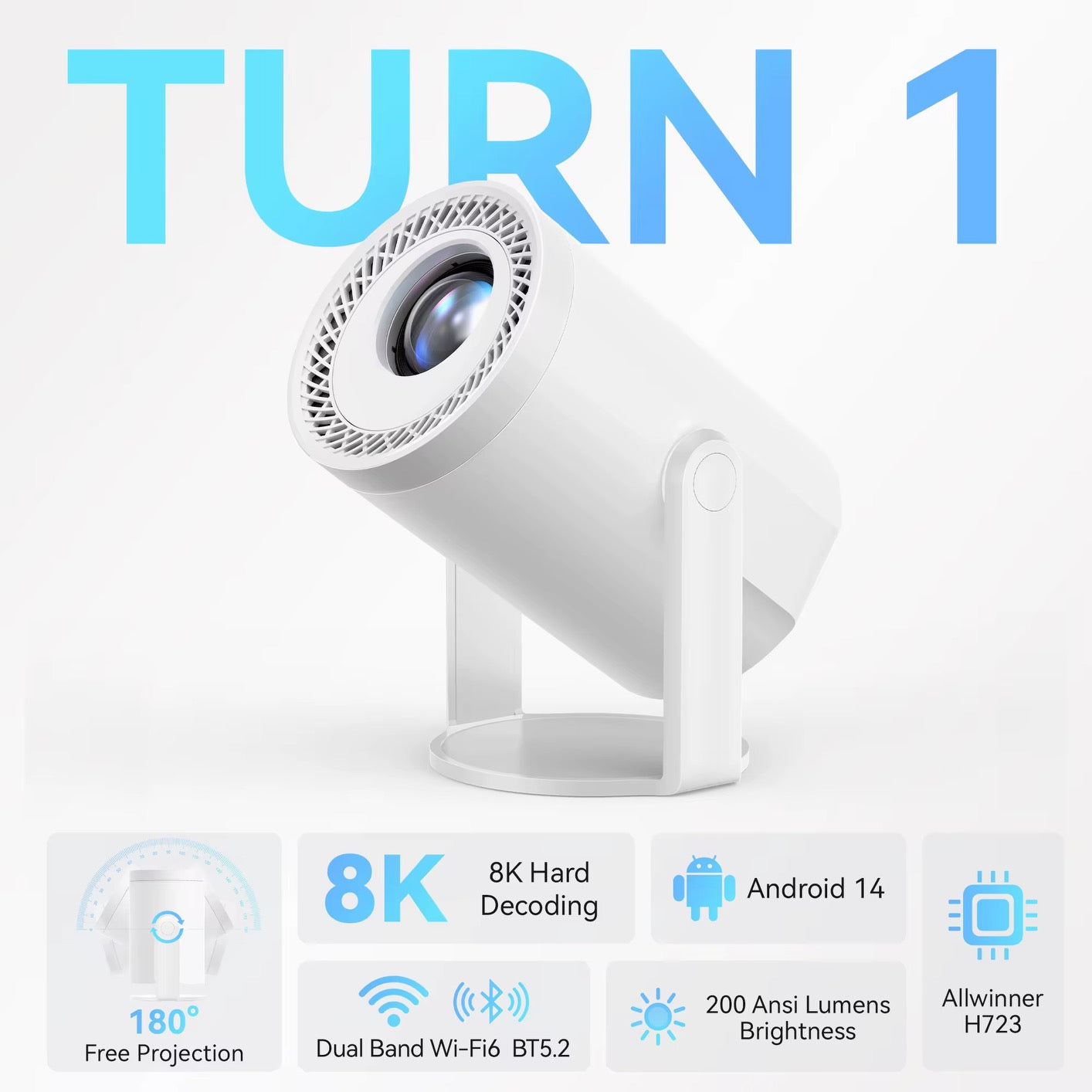 Mini portable multi-device projector for cinema, home &amp; education, 8k, wifi 6 &amp; 180°