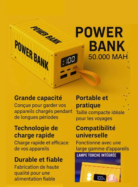 Power Bank 50 000 mAh Ultra-Capacité – Charge Rapide +5 appareils simultanés 100%  6 ports & Lampe Torche